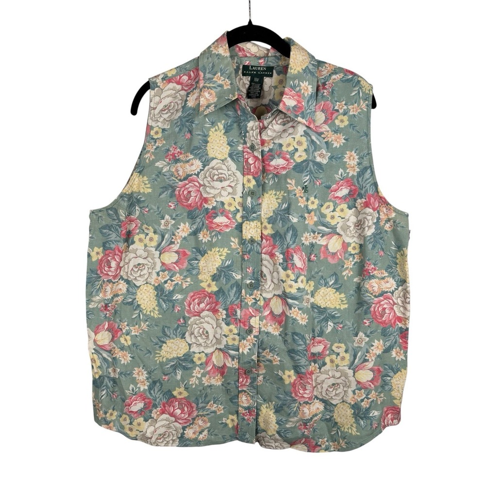 Lauren Ralph Lauren Size 18W Sleeveless Blue Floral Linen Shirt Cottage Core
